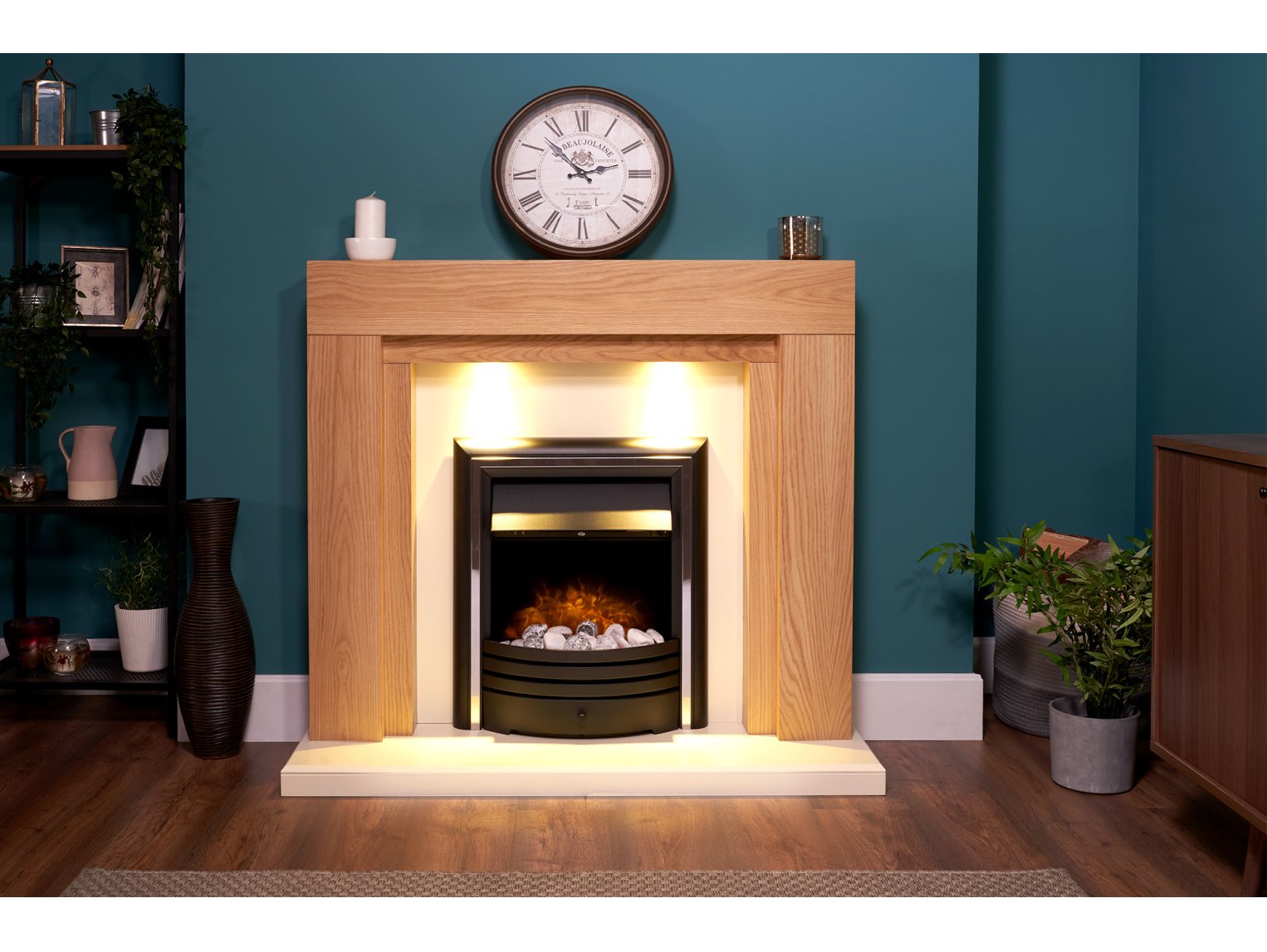 Adam Beaumont Fireplace Suite Oak & Cream + Cambridge 6-in-1 Electric Fire Black, 48"