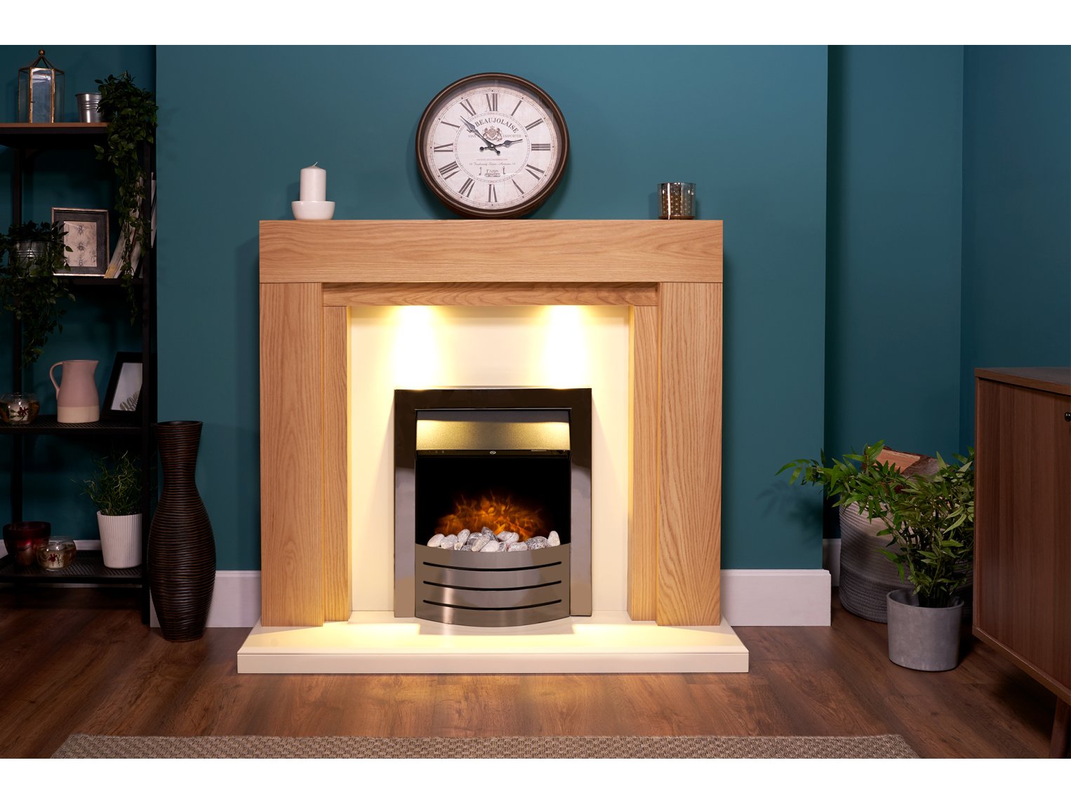 Adam Beaumont Fireplace Suite Oak & Cream + Comet Electric Fire Obsidian Black Chrome, 48"
