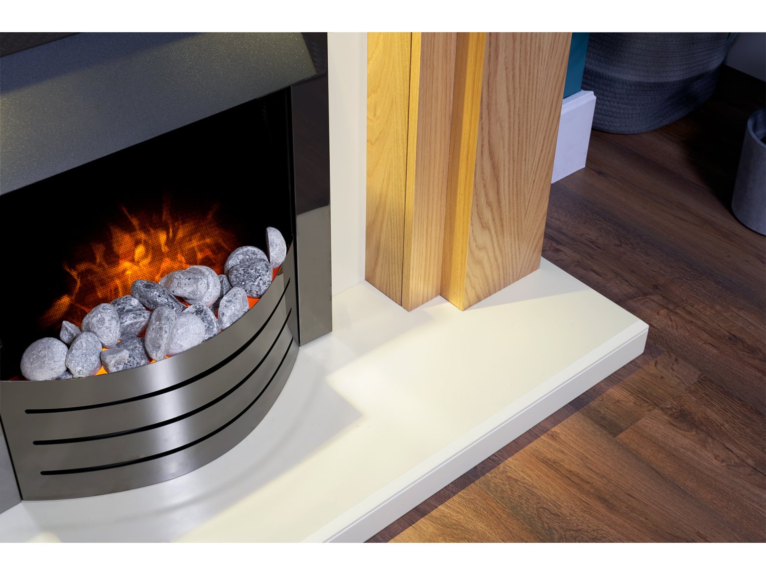 Adam Beaumont Fireplace Suite Oak & Cream + Comet Electric Fire Obsidian Black Chrome, 48"