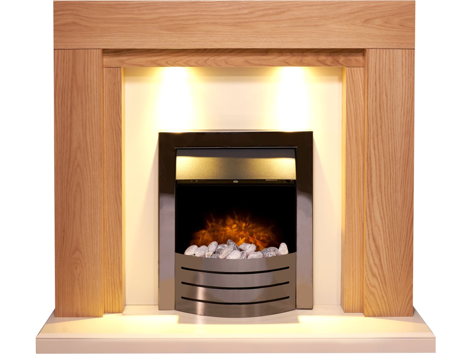 Adam Beaumont Fireplace Suite in Oak & Cream with Comet Electric Fire in Obsidian Black Chrome, 48 Inch