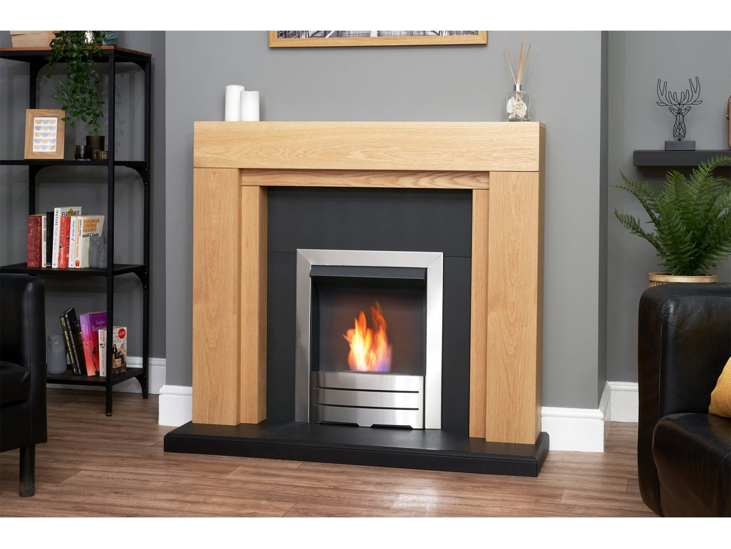Adam Beaumont Oak & Black Fireplace + Downlights & Colorado Bio Ethanol Fire Brushed Steel, 48"