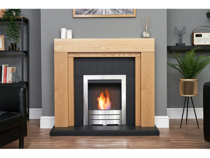 Adam Beaumont Oak & Black Fireplace + Downlights & Colorado Bio Ethanol Fire Brushed Steel, 48"