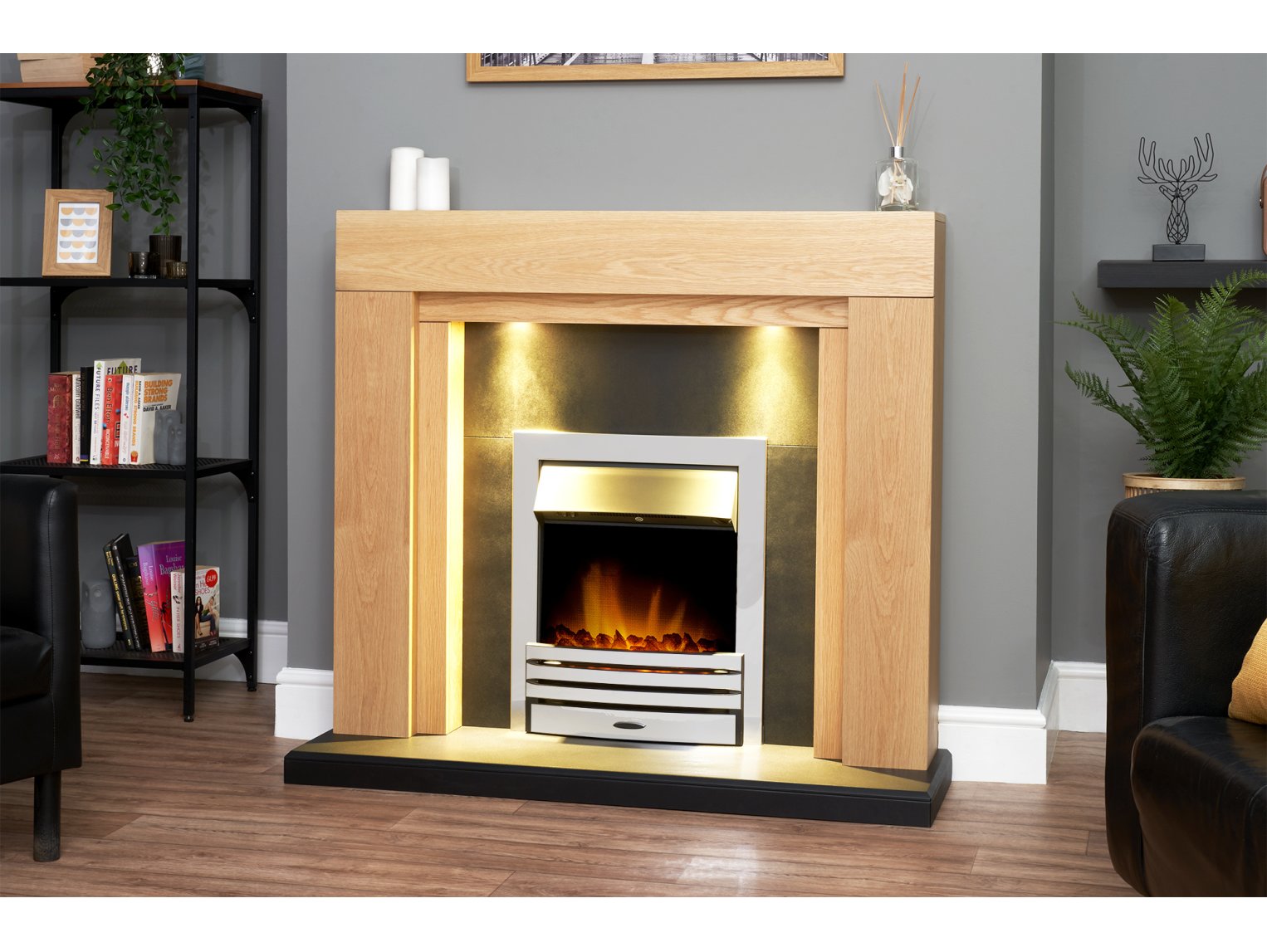 Adam Beaumont Oak & Black Fireplace + Downlights & Eclipse Electric Fire Chrome, 48"