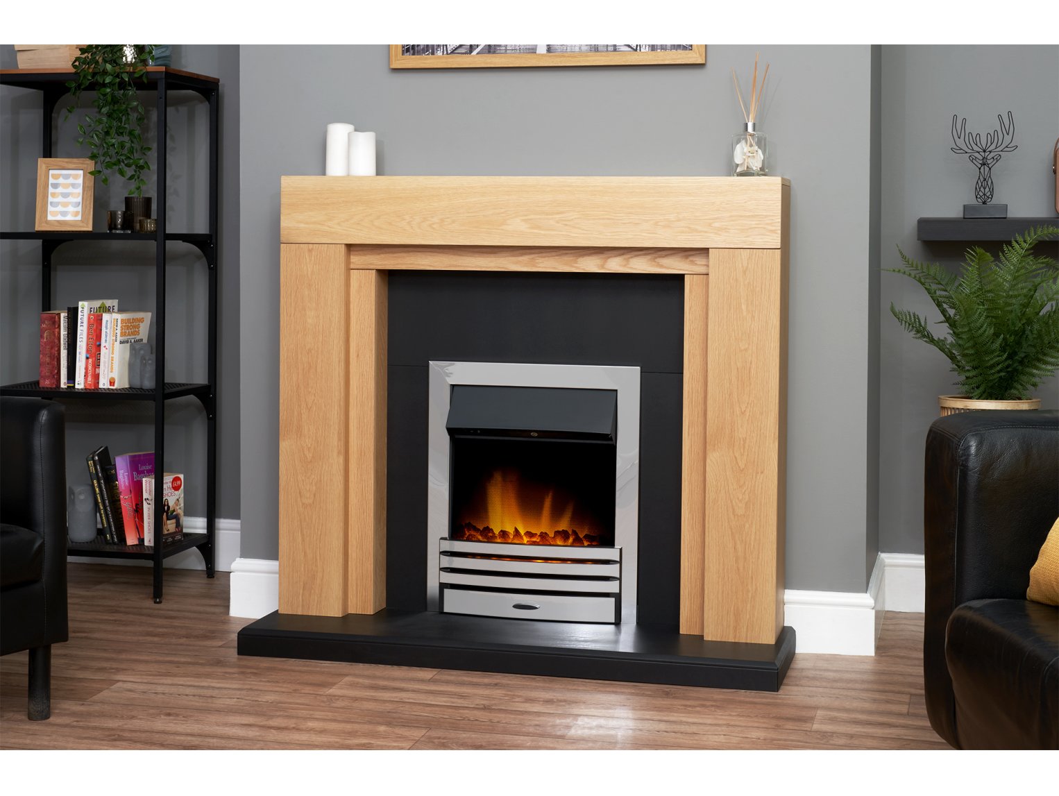Adam Beaumont Oak & Black Fireplace + Downlights & Eclipse Electric Fire Chrome, 48"