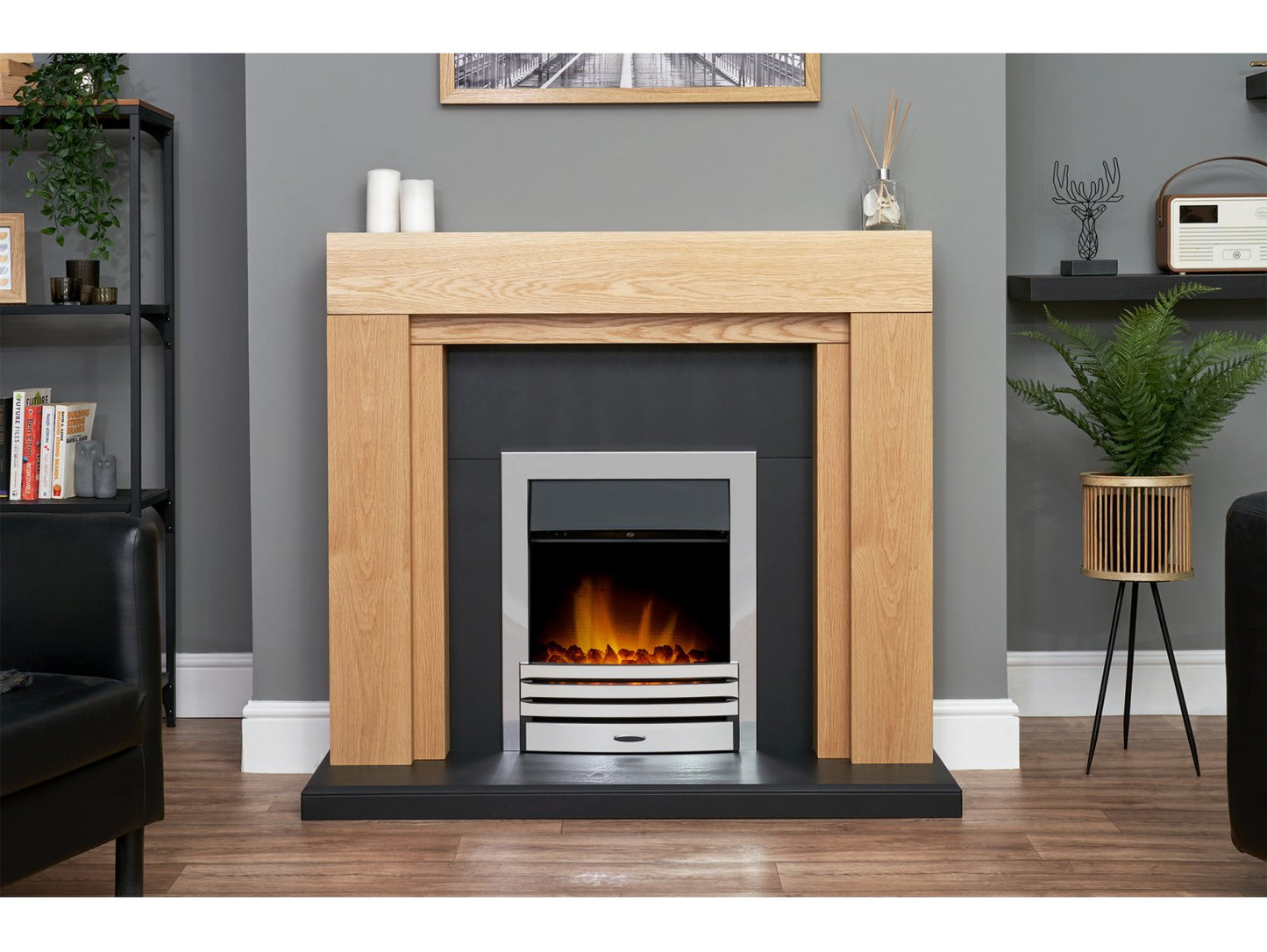 Adam Beaumont Oak & Black Fireplace + Downlights & Eclipse Electric Fire Chrome, 48"