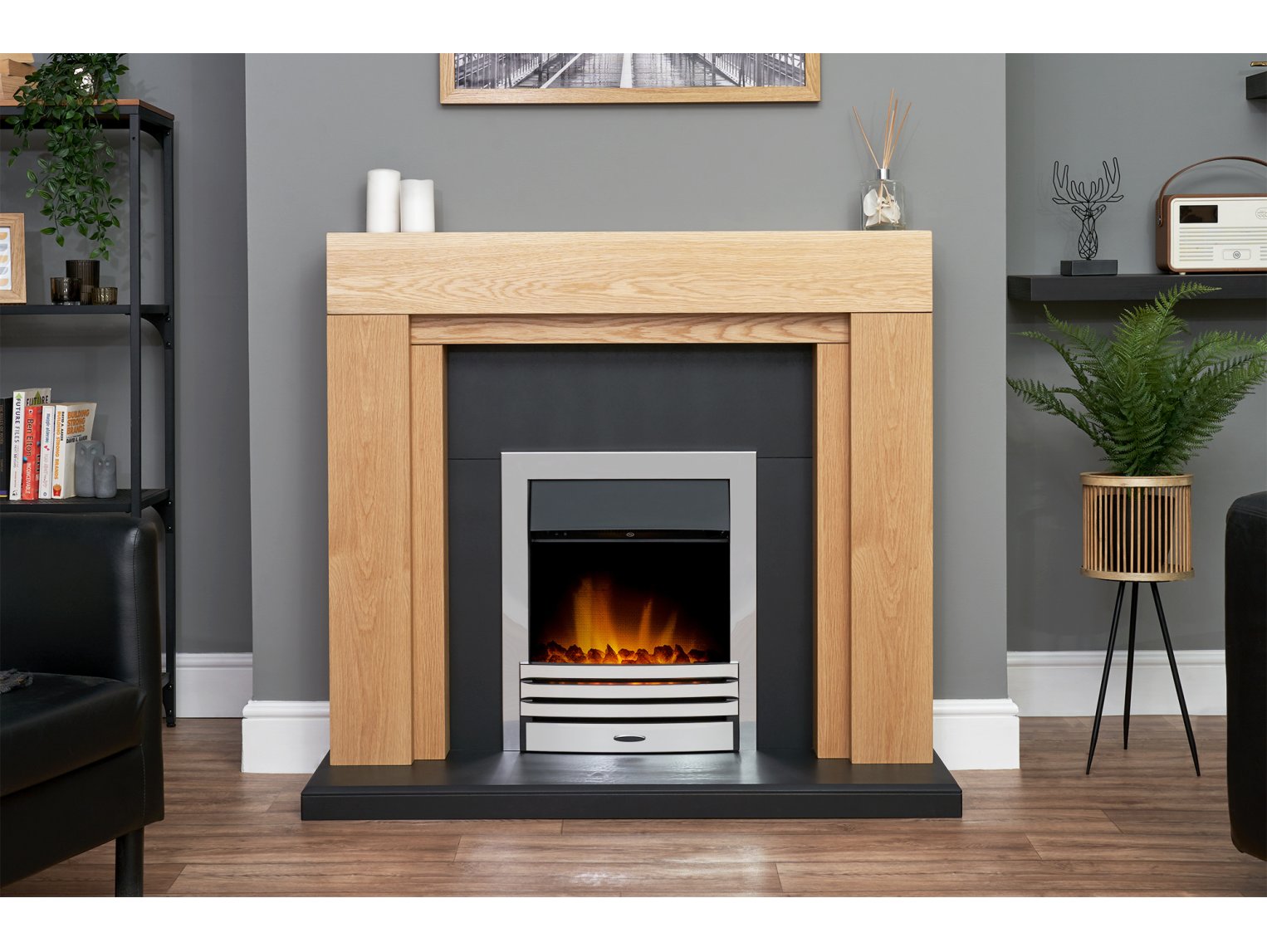 Adam Beaumont Oak & Black Fireplace + Downlights & Eclipse Electric Fire Chrome, 48"