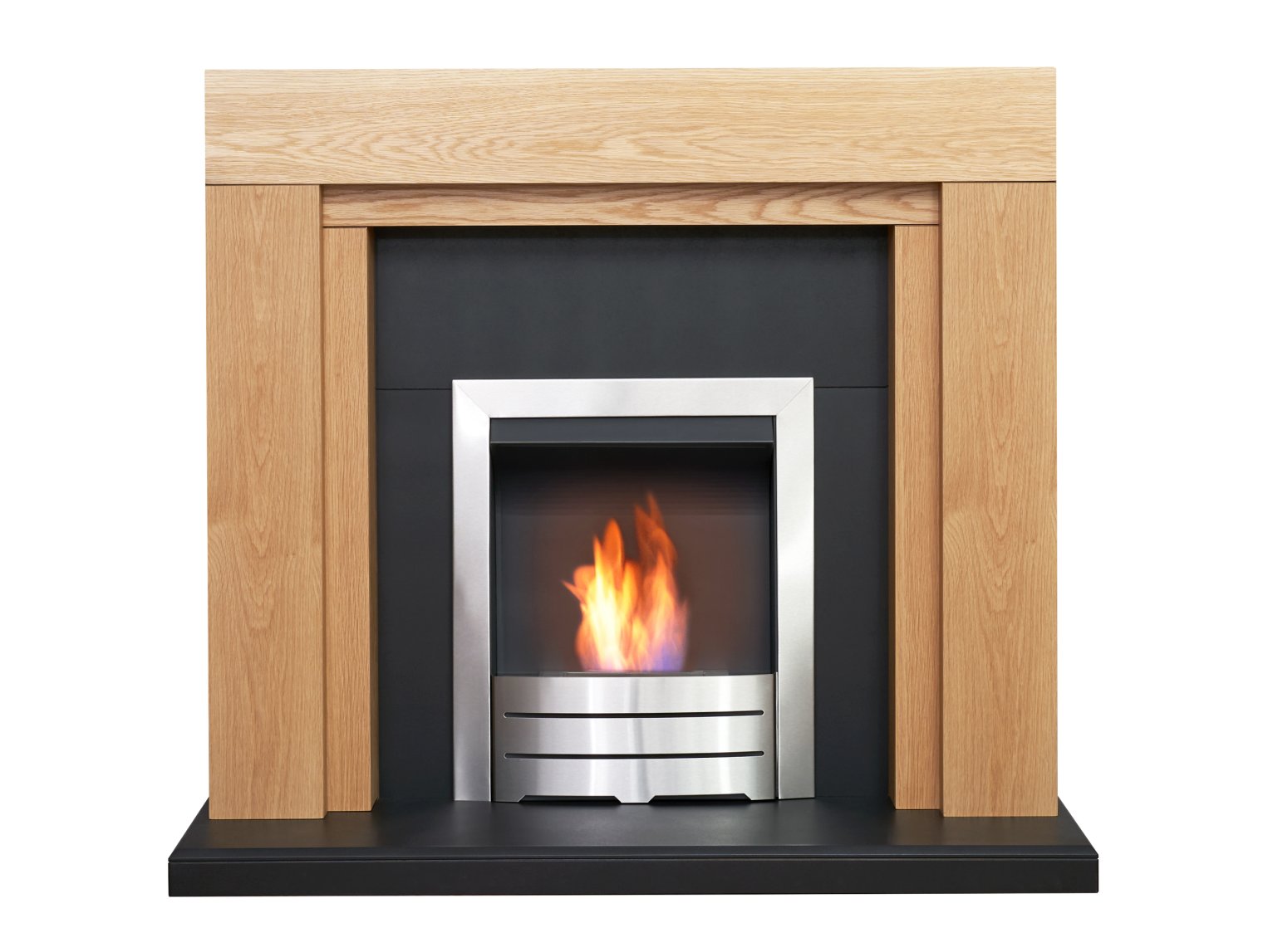 Adam Beaumont Oak & Black Fireplace with Downlights & Colorado Bio Ethanol Fire in Brushed Steel, 48 Inch