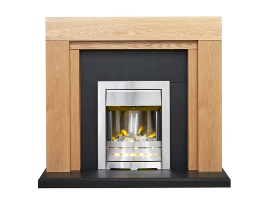 Adam Beaumont Oak & Black Fireplace with Downlights & Helios Electric Fire in Brushed Steel, 48 Inch