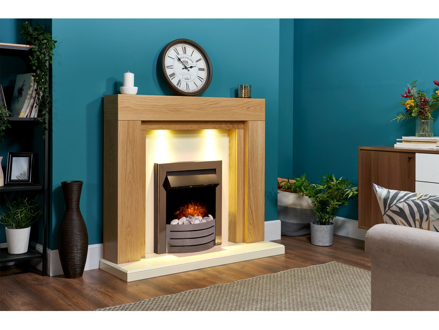 Adam Beaumont Fireplace Suite Oak & Cream + Comet Electric Fire Obsidian Black Chrome, 48"