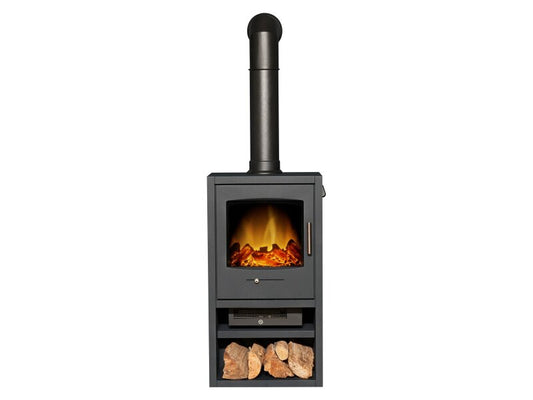 Adam Bergen XL Electric Stove in Charcoal Grey with Tall Angled Stove Pipe in Black