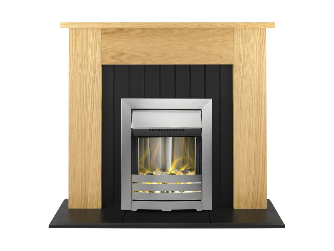 Adam Chessington Fireplace Suite Oak + Helios Electric Fire Brushed Steel, 48"