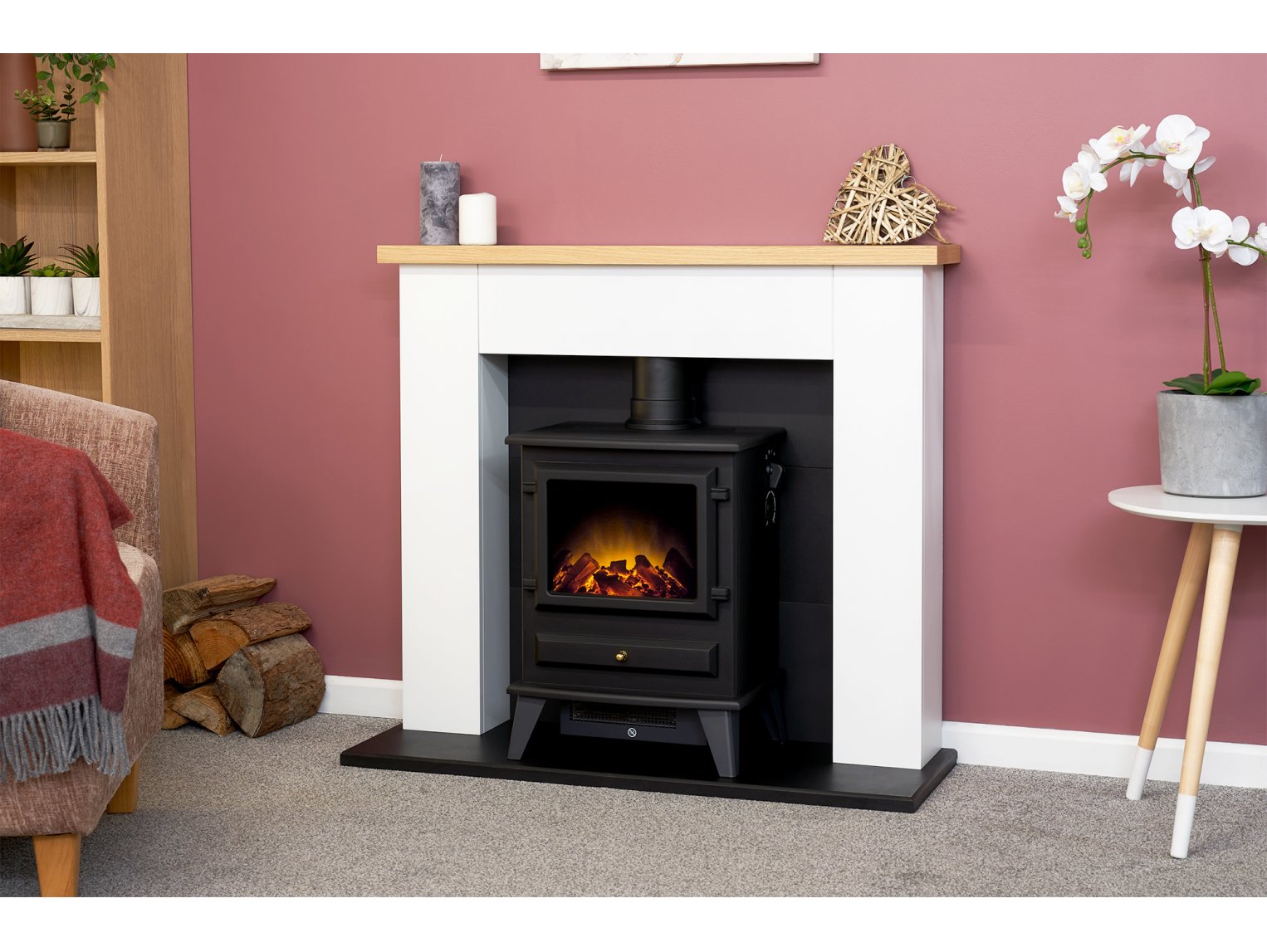 Adam Chester Fireplace Pure White + Hudson Electric Stove Black, 39"