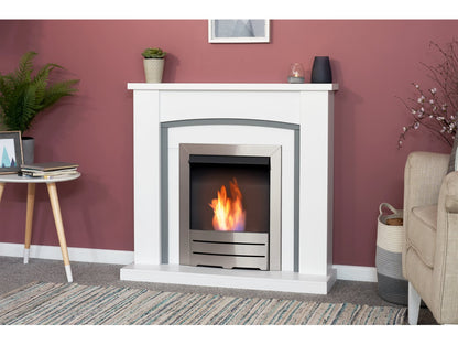 Adam Chilton Fireplace Pure White & Grey + Colorado Bio Ethanol Fire Brushed Steel, 39"