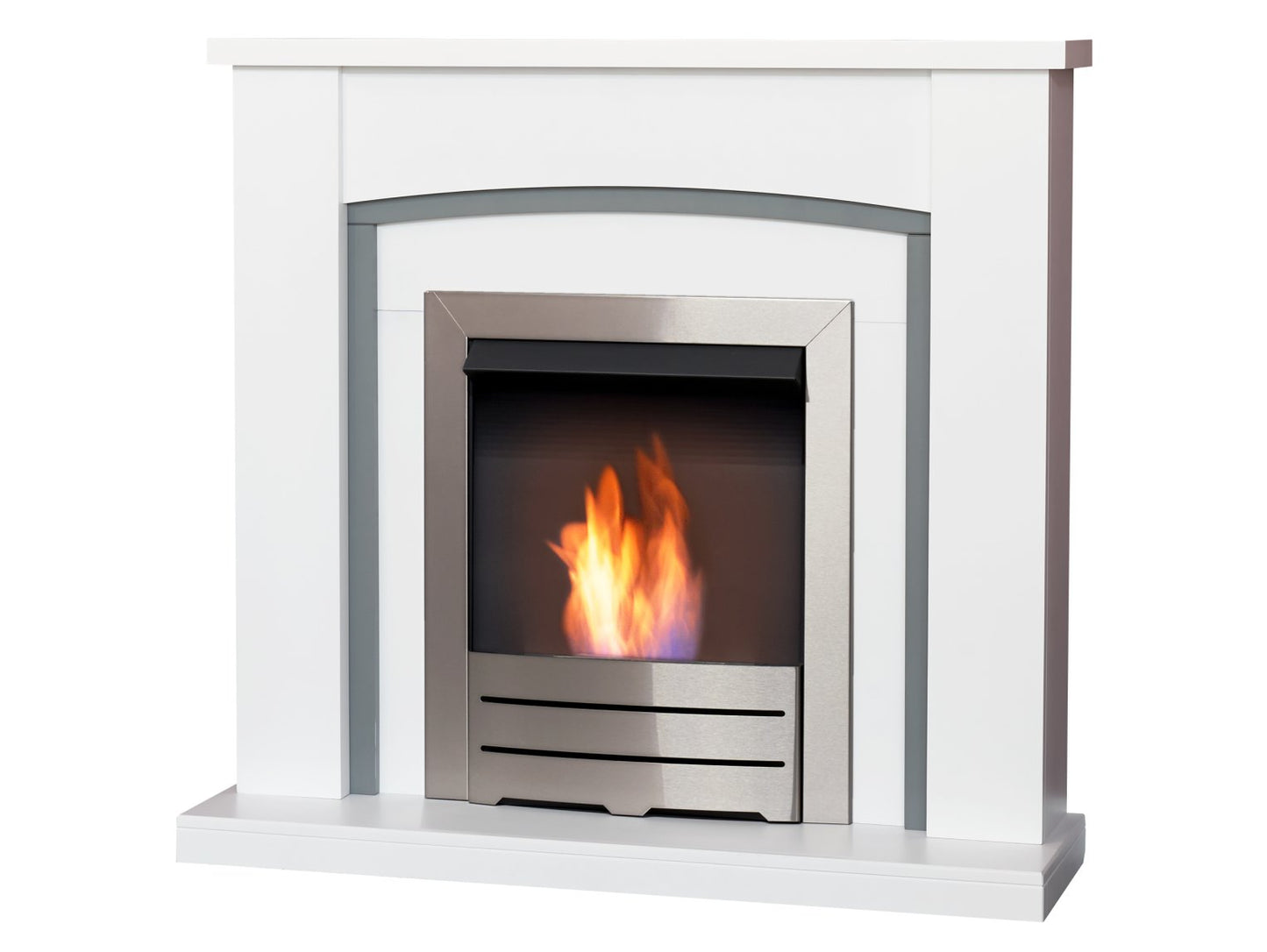 Adam Chilton Fireplace Pure White & Grey + Colorado Bio Ethanol Fire Brushed Steel, 39"