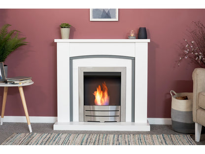 Adam Chilton Fireplace Pure White & Grey + Colorado Bio Ethanol Fire Brushed Steel, 39"