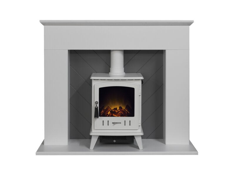 Adam Corinth Stove Fireplace in Pure White & Grey with Downlights & Aviemore Electric Stove in White, 48 Inch