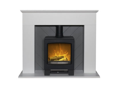 Adam Corinth Stove Fireplace in Pure White & Grey with Downlights & Lunar Electric Stove in Charcoal Grey, 48 Inch