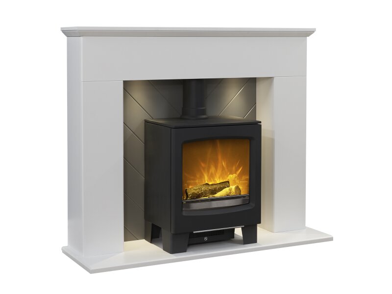 Adam Corinth Stove Fireplace in Pure White & Grey with Downlights & Lunar Electric Stove in Charcoal Grey, 48 Inch