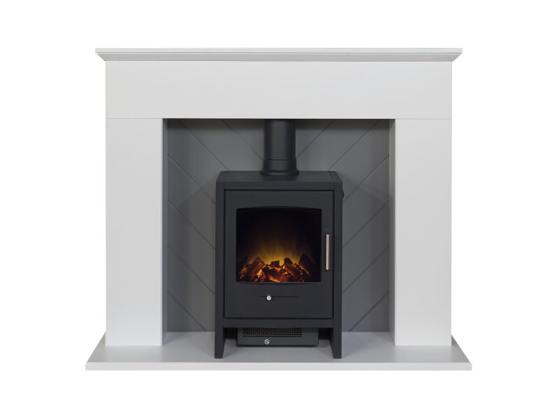 Adam Corinth Stove Fireplace in Pure White & Grey with Downlights & Bergen Electric Stove in Charcoal Grey, 48 Inch