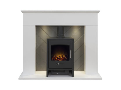 Adam Corinth Stove Fireplace in Pure White & Grey with Downlights & Bergen Electric Stove in Charcoal Grey, 48 Inch