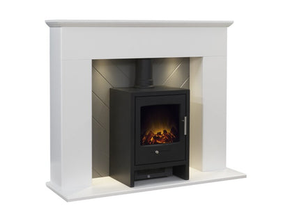 Adam Corinth Stove Fireplace in Pure White & Grey with Downlights & Bergen Electric Stove in Charcoal Grey, 48 Inch