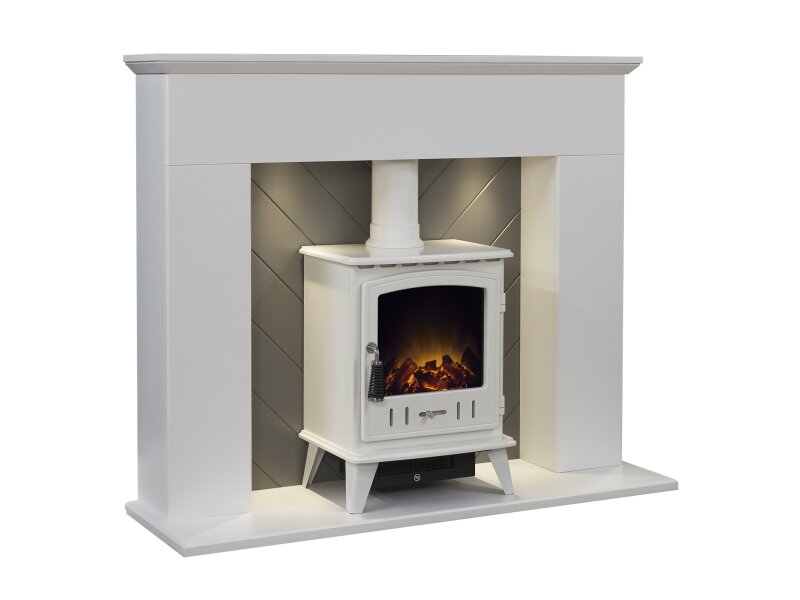 Adam Corinth Stove Fireplace in Pure White & Grey with Downlights & Aviemore Electric Stove in White, 48 Inch