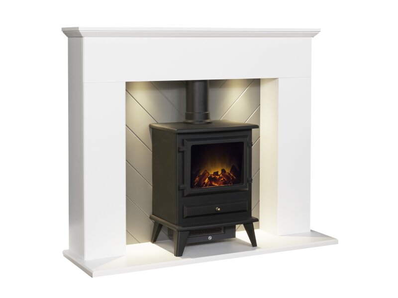 Adam Corinth Stove Fireplace in Pure White & Grey with Downlights & Hudson Electric Stove in Black, 48 Inch