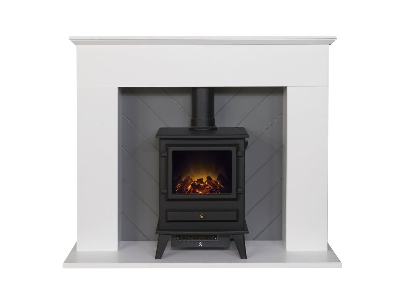 Adam Corinth Stove Fireplace in Pure White & Grey with Downlights & Hudson Electric Stove in Black, 48 Inch