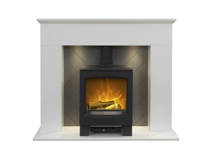 Adam Corinth Stove Fireplace in Pure White & Grey with Downlights & Lunar Electric Stove in Charcoal Grey, 48 Inch