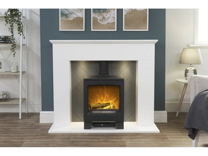 Adam Corinth Stove Fireplace in Pure White & Grey with Downlights & Lunar Electric Stove in Charcoal Grey, 48 Inch