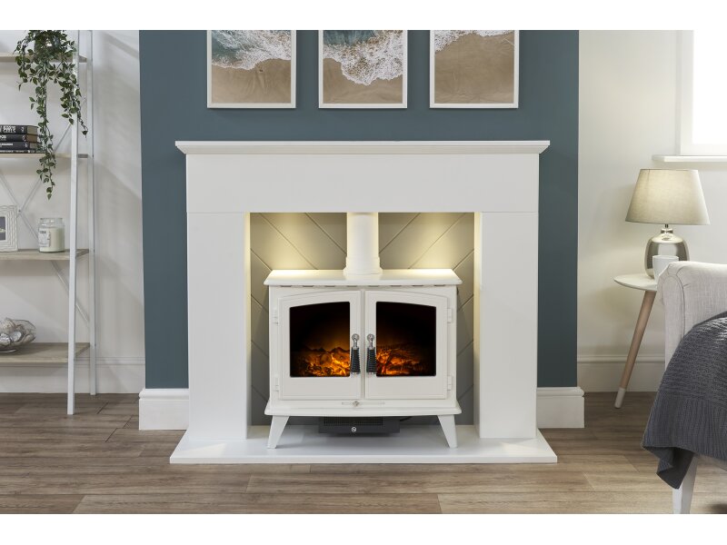 Adam Corinth Stove Fireplace in Pure White & Grey with Downlights & Woodhouse Electric Stove in Pure White, 48 Inch