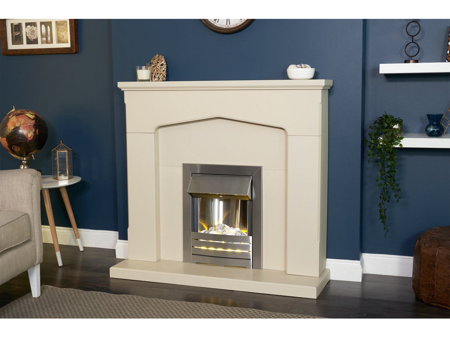 Adam Cotswold Fireplace Stone Effect + Helios Electric Fire Brushed Steel, 48"