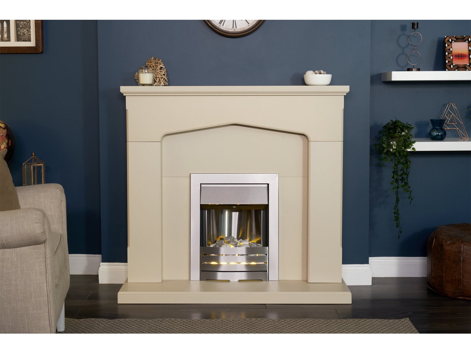 Adam Cotswold Fireplace Stone Effect + Helios Electric Fire Brushed Steel, 48"