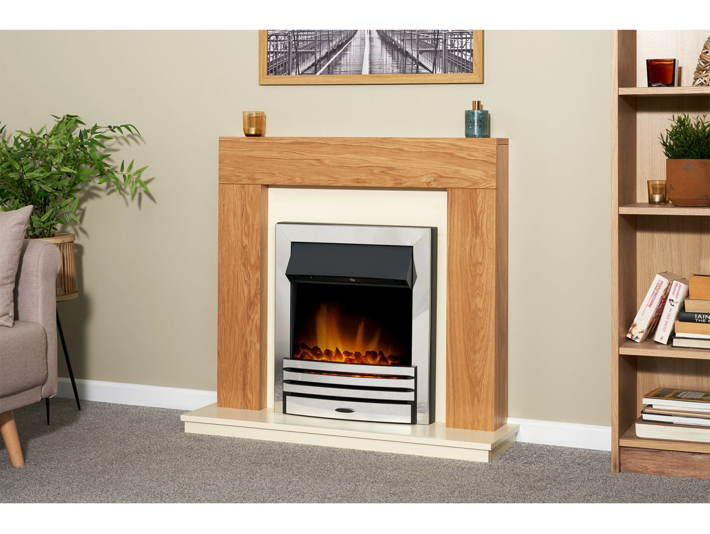 Adam Dakota Fireplace Oak & Cream + Eclipse Electric Fire Chrome, 39"