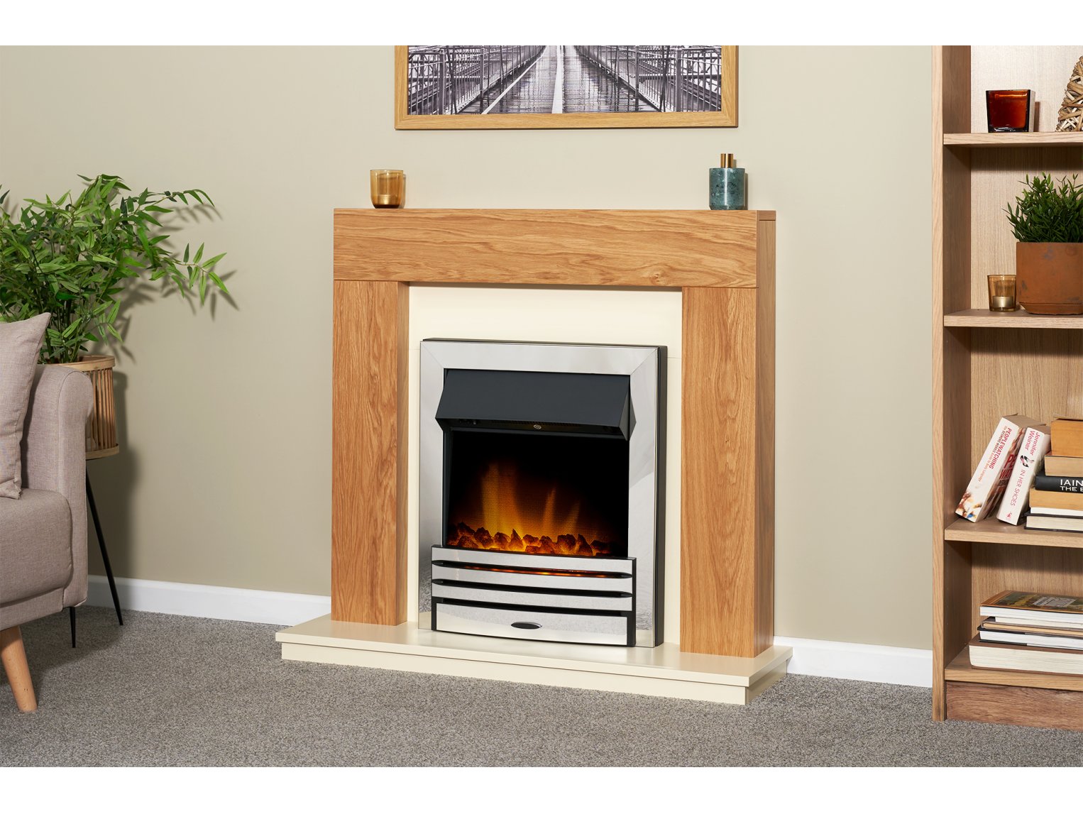 Adam Dakota Fireplace Oak & Cream + Eclipse Electric Fire Chrome, 39"