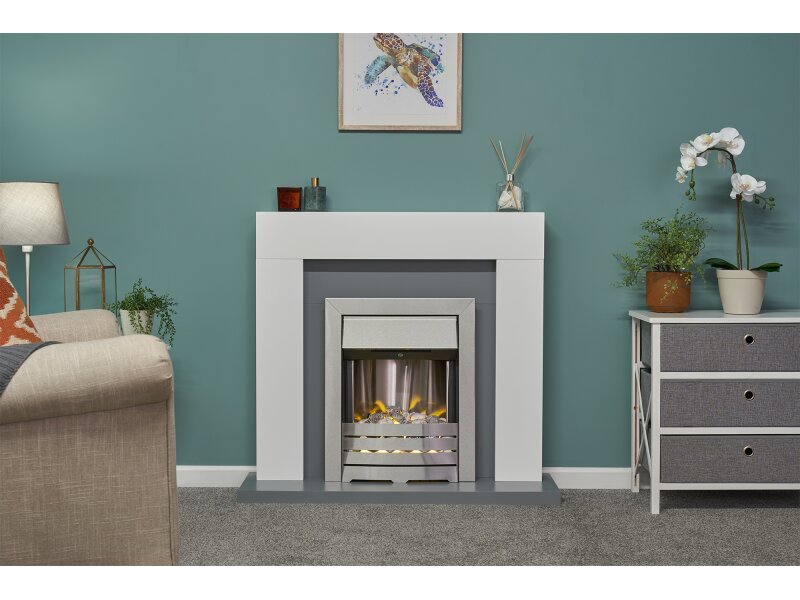 Adam Dakota Fireplace Pure White & Grey + Helios Electric Fire Brushed Steel, 39"
