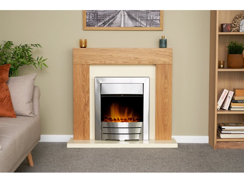 Adam Dakota Fireplace Oak & Cream + Colorado Electric Fire Brushed Steel, 39"