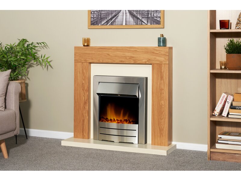 Adam Dakota Fireplace Oak & Cream + Colorado Electric Fire Brushed Steel, 39"