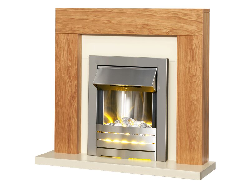 Adam Dakota Fireplace Oak & Cream + Helios Electric Fire Brushed Steel, 39"
