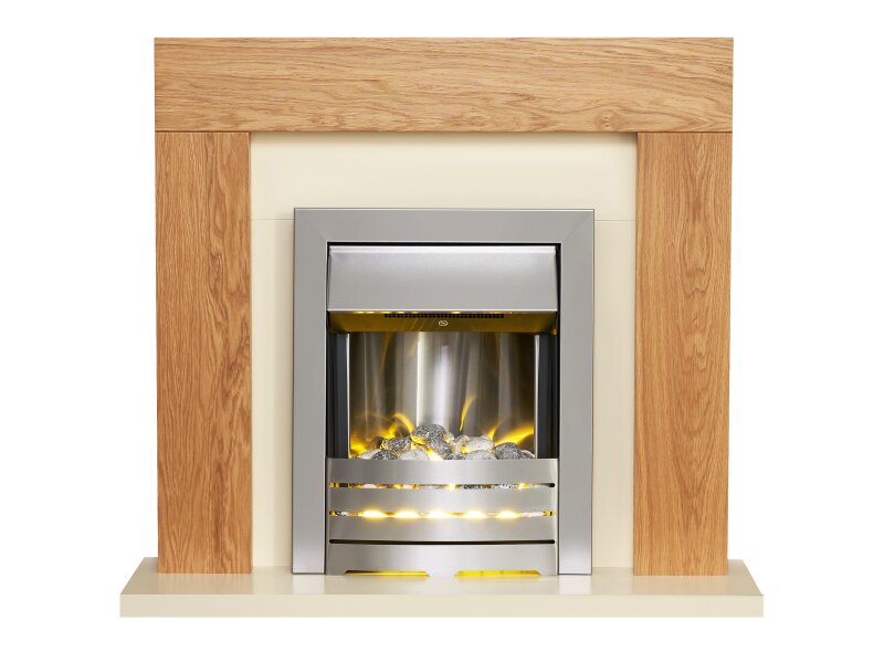 Adam Dakota Fireplace Oak & Cream + Helios Electric Fire Brushed Steel, 39"