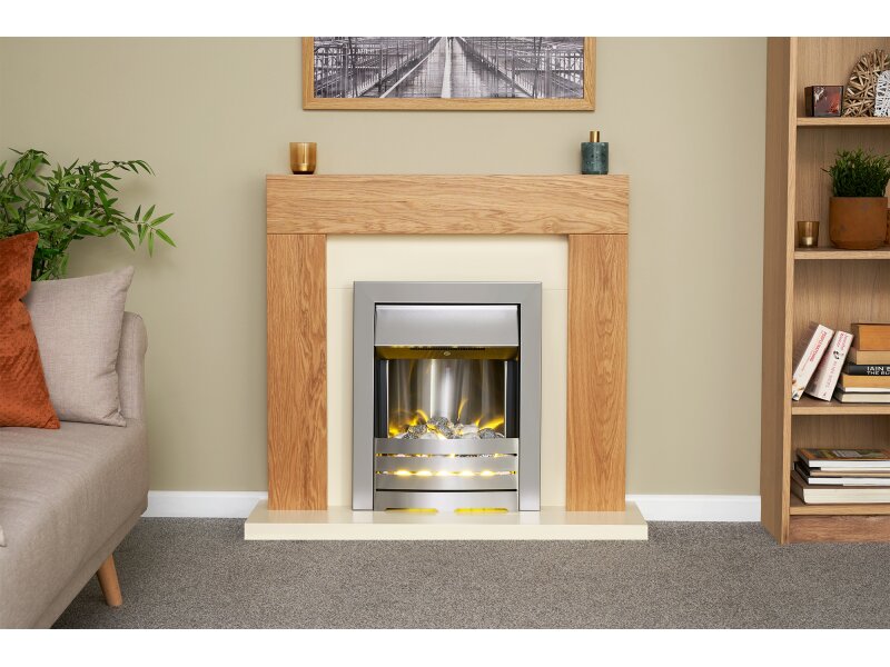 Adam Dakota Fireplace Oak & Cream + Helios Electric Fire Brushed Steel, 39"