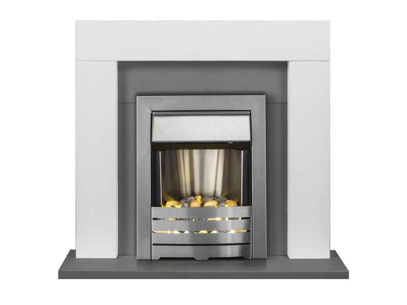 Adam Dakota Fireplace Pure White & Grey + Helios Electric Fire Brushed Steel, 39"