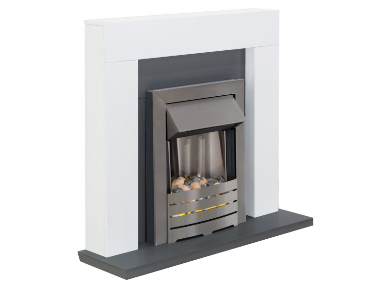 Adam Dakota Fireplace Pure White & Grey + Helios Electric Fire Brushed Steel, 39"