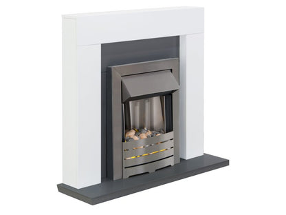 Adam Dakota Fireplace Pure White & Grey + Helios Electric Fire Brushed Steel, 39"