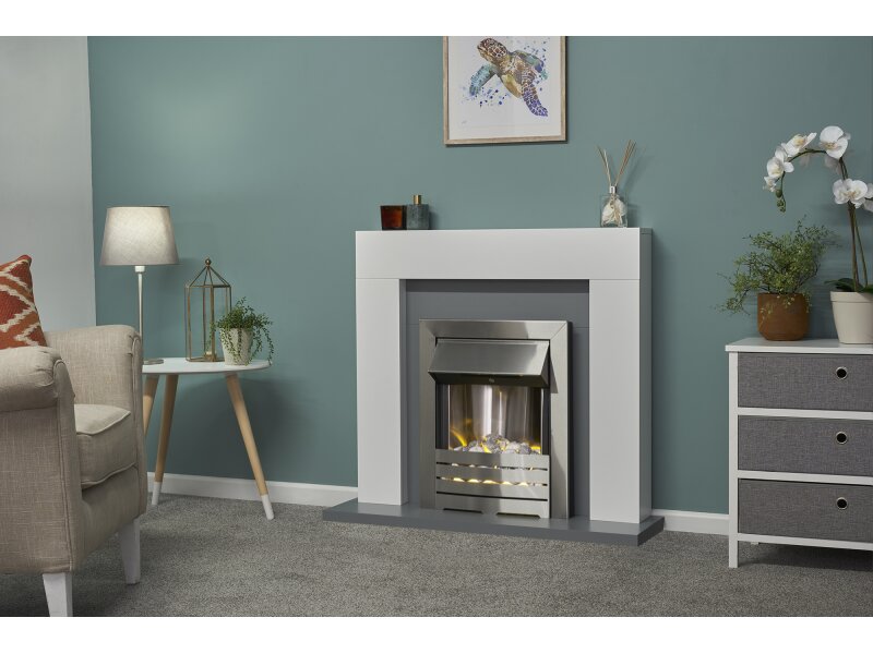 Adam Dakota Fireplace Pure White & Grey + Helios Electric Fire Brushed Steel, 39"