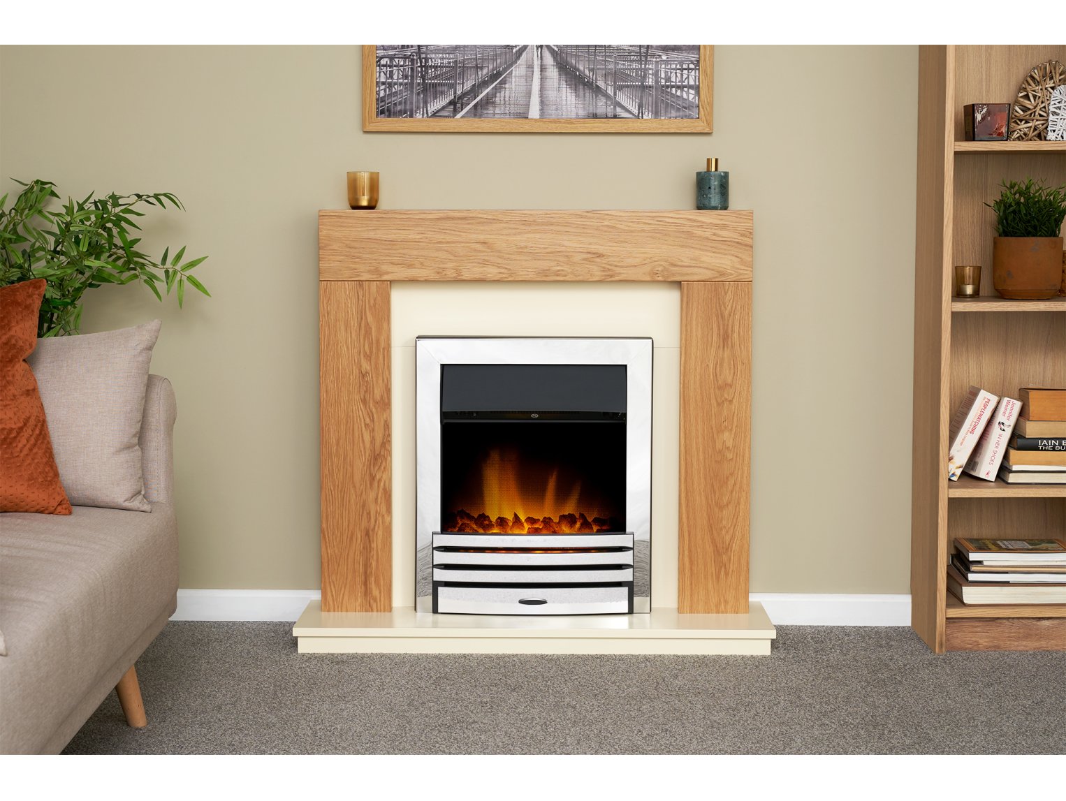 Adam Dakota Fireplace Oak & Cream + Eclipse Electric Fire Chrome, 39"