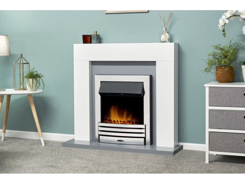 Adam Dakota Fireplace Pure White & Grey + Eclipse Electric Fire Chrome, 39"