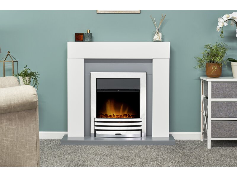 Adam Dakota Fireplace Pure White & Grey + Eclipse Electric Fire Chrome, 39"