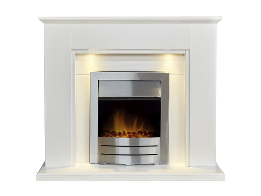 Adam Eltham Fireplace in Pure White with Downlights & Colorado Electric Fire in Brushed Steel, 45 Inch