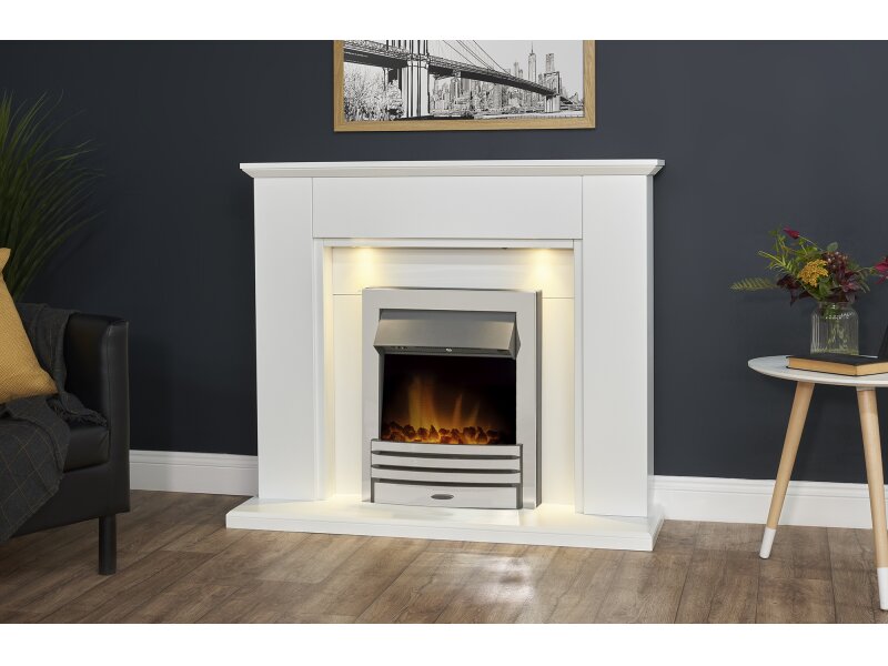 Adam Eltham Fireplace in Pure White with Downlights & Eclipse Electric Fire in Chrome, 45 Inch